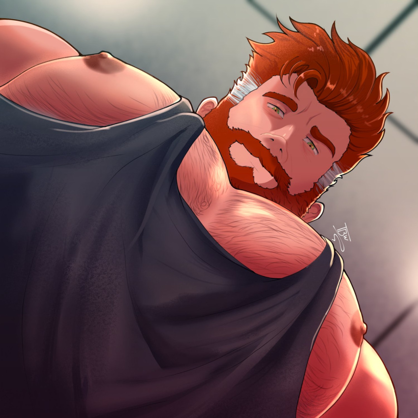 1boy bara beard black_tank_top connected_beard facial_hair foreshortening from_below full_beard highres large_pectorals looking_at_viewer looking_down male_focus mature_male meme multicolored_hair muscular muscular_male nipple_slip nipples orange_hair original pectoral_cleavage pectoral_focus pectorals photo-referenced short_hair sidepec solo sparse_chest_hair streaked_hair tank_top thick_eyebrows tobybara upper_body white_hair yur_oc_like_this_(meme)