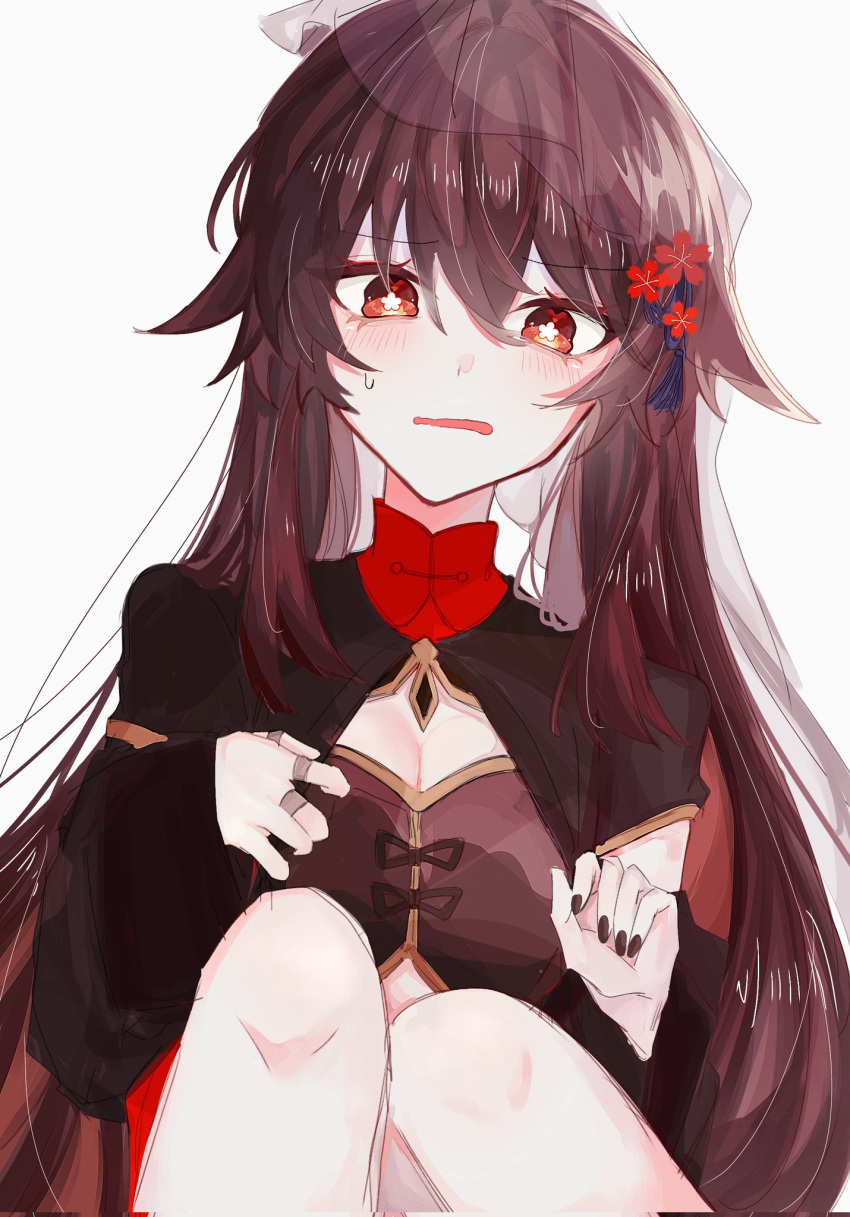 1girl 63k9a black_nails blush breasts brown_hair chinese_clothes cleavage flower flower-shaped_pupils genshin_impact hair_between_eyes hat hat_flower highres hu_tao_(genshin_impact) jewelry long_hair long_sleeves looking_at_viewer multiple_rings open_mouth red_eyes ring solo sweatdrop symbol-shaped_pupils twintails wavy_mouth