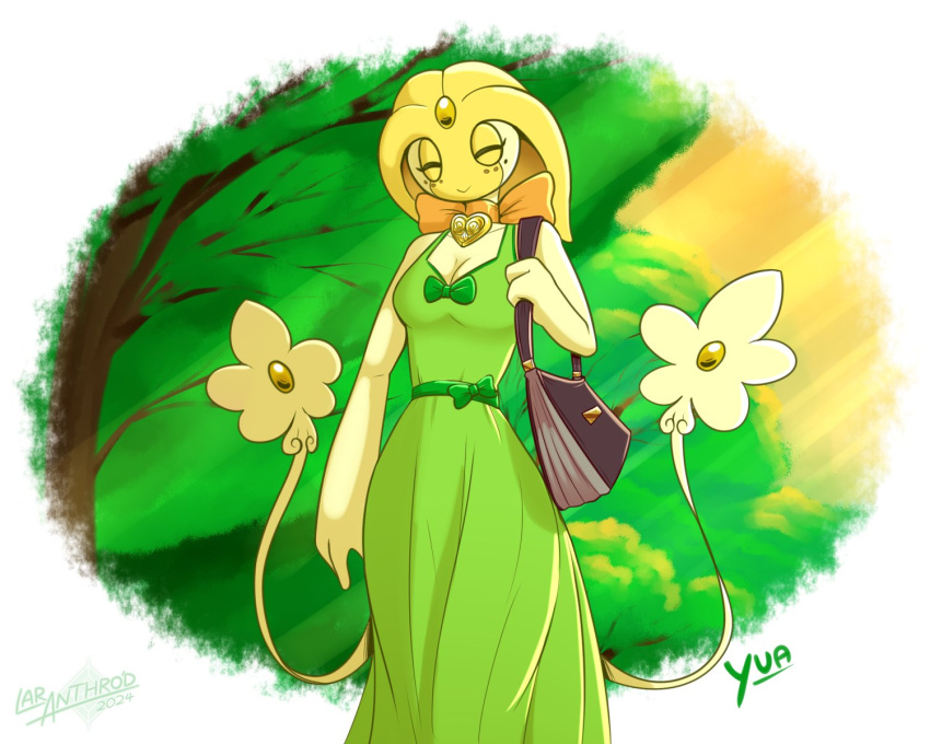 2024 2_tails anthro artist_name bag bow_ribbon branch brown_bag clothed clothing dress eyes_closed female fingers forehead_gem freckles freckles_on_face gem generation_4_pokemon green_clothing green_dress green_text heart_necklace hi_res holding_bag latiar legendary_pokemon light light_beam multi_tail nintendo plant pokemon pokemon_(species) pseudo_hair shoulder_bag signature smile solo standing sunbeam sunlight tail text tree uxie yellow_body yellow_gem yua_(latiar)