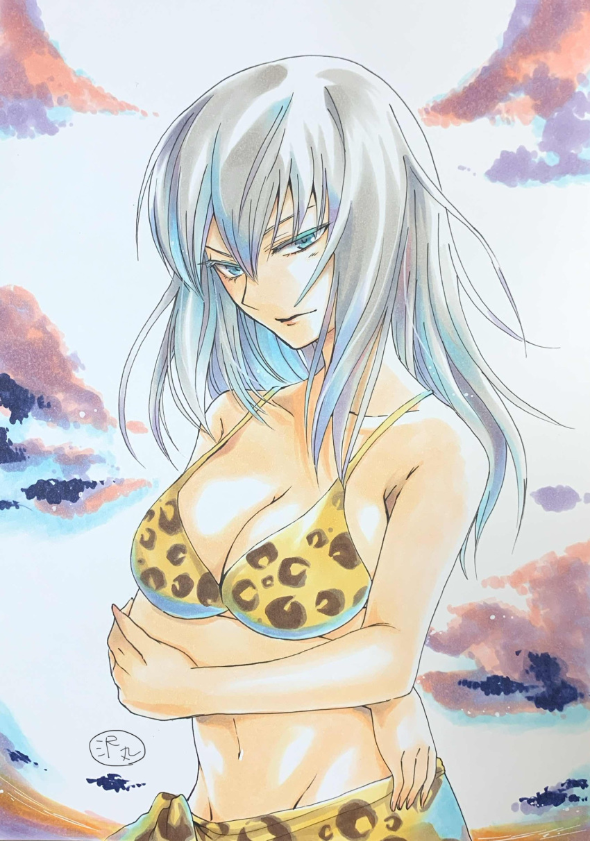 1girl animal_print artist_name bikini blue_eyes breasts cleavage closed_mouth cloud cloudy_sky commentary crossed_arms girls_und_panzer grey_hair groin half-closed_eyes highres itsumi_erika leopard_print medium_breasts medium_hair navel outdoors print_sarong sarong sawamaru30 signature sky solo swimsuit yellow_bikini yellow_sarong