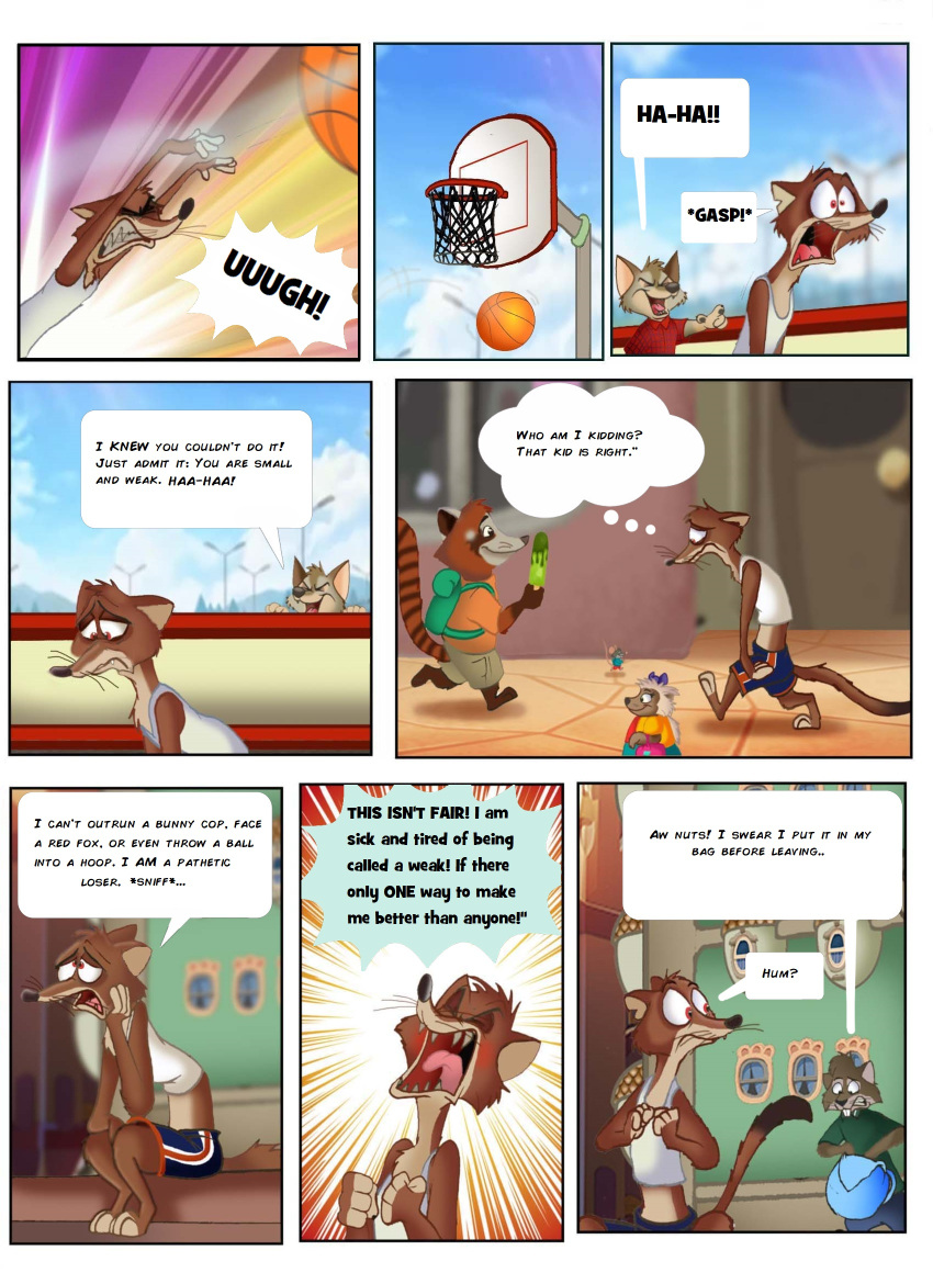 2024 4_fingers angry angry_expression anthro ball basketball_(ball) basketball_court basketball_hoop brown_body brown_fur canid canine cheek_tuft city clothed clothing comic day detailed_background dialogue disney duke_weaselton english_text eulipotyphlan facial_tuft fairytalesartist fingers fox fur group hedgehog hi_res holding_object jumping male mammal mouse multicolored_body multicolored_fur murid murine mustelid musteline outside pivoted_ears red_eyes rodent sad sad_expression sad_eyes sciurid shirt smile speech_bubble tail tank_top teeth text thought_bubble throwing_object topwear tree_squirrel true_musteline tuft weasel yelling zootopia
