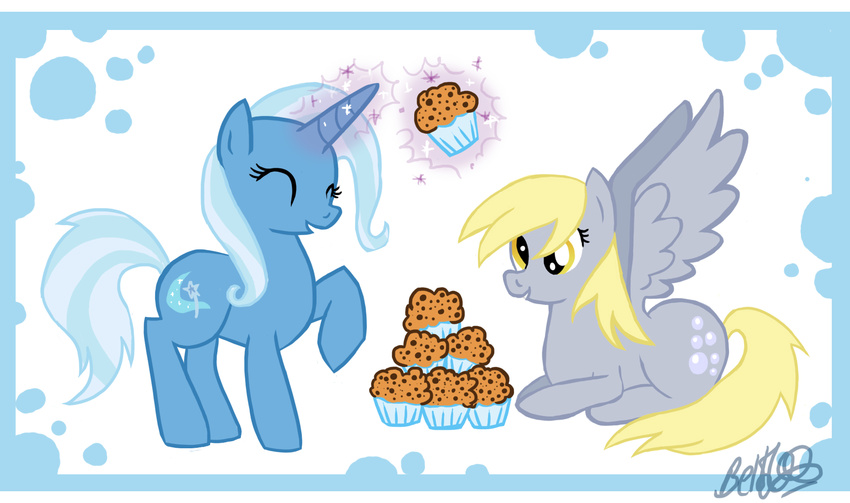 blonde_hair blue_body blue_hair cutie_mark derpy_hooves_(mlp) equine female feral friendship_is_magic grey_body hair hasbro horn horse long_hair lying magic mammal muffins multi-colored_hair my_little_pony pegasus pony short_hair trixie_(mlp) two_tone_hair unicorn unknown_artist white_hair wings wings_up yellow_eyes