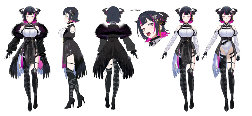 1girl absurdres aradia_ravencroft asymmetrical_legwear black_hair breasts colored_inner_hair demon_horns full_body high_heels highres hololive hololive_english horns large_breasts leotard mole multicolored_hair multiple_girls multiple_views pink_eyes reference_sheet shoes short_hair solo thigh_strap tongue tongue_out two-tone_hair virtual_youtuber yomosaka