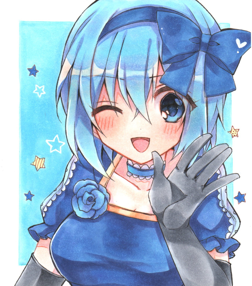 1girl black_gloves blue_background blue_bow blue_choker blue_dress blue_eyes blue_flower blue_hair blue_hairband bluestar_iz blush border bow breasts choker claire_elford collarbone dress elbow_gloves flower frilled_choker frills gloves hair_between_eyes hair_bow hairband highres large_breasts one_eye_closed open_mouth puffy_short_sleeves puffy_sleeves short_hair short_sleeves smile solo star_(symbol) traditional_media waving white_border witch's_heart