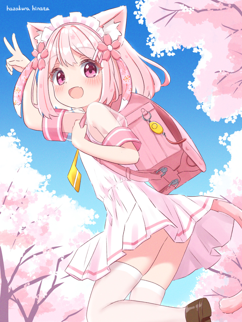 1girl absurdres animal_ear_fluff animal_ears arm_up artist_name backpack bag blue_sky brown_footwear cat_ears cat_girl cat_tail cherry_blossoms commentary_request crime_prevention_buzzer dress flower from_behind hair_flower hair_ornament hairclip hazakura_hinata highres leg_up looking_back maid_headdress open_mouth original outdoors pink_dress pink_eyes pink_hair pleated_dress randoseru school_uniform shoes short_hair short_sleeves sky smile solo standing standing_on_one_leg tail thighhighs thighs tree v variant_set white_thighhighs
