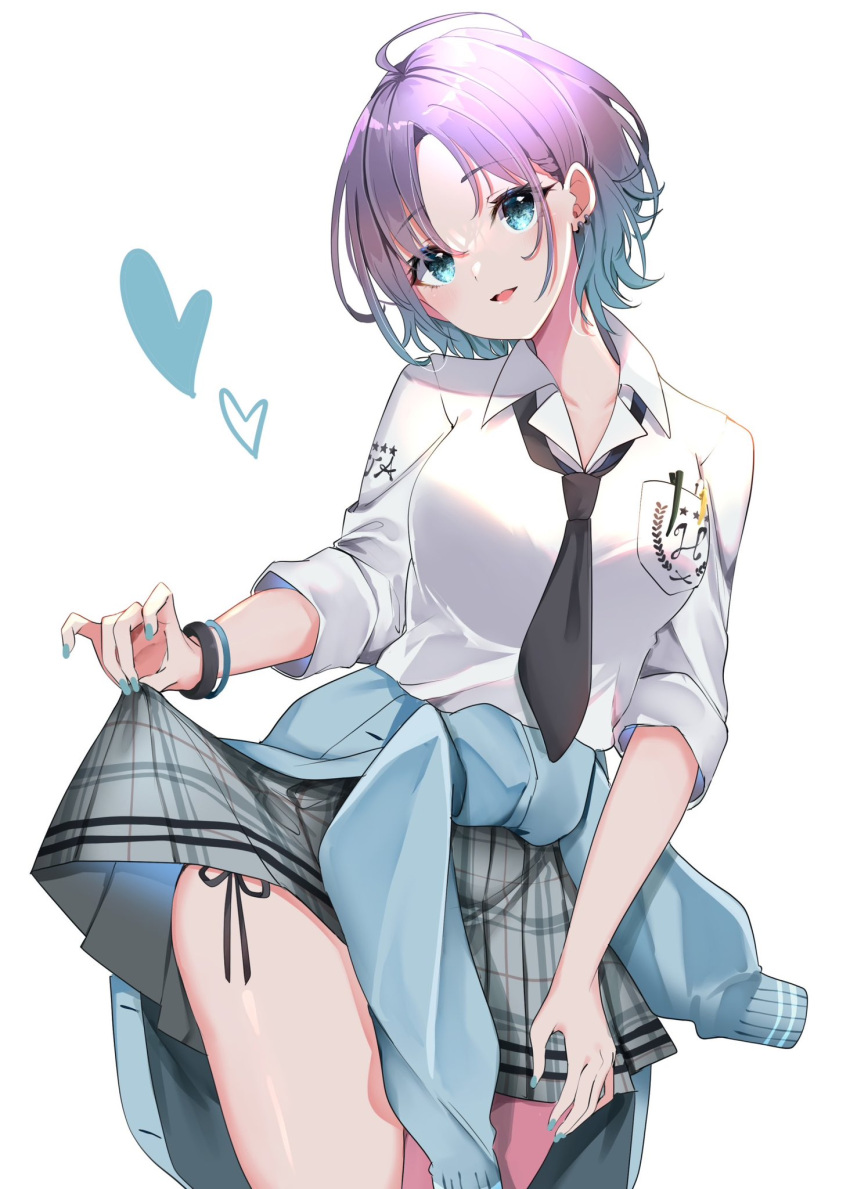 1girl aqua_hair asakura_toru black_necktie black_panties blue_cardigan blush bracelet breasts cardigan cardigan_around_waist clothes_around_waist earrings fingernails gradient_hair grey_skirt head_tilt heart highres idolmaster idolmaster_shiny_colors jewelry looking_at_viewer medium_breasts multicolored_hair nail_polish necktie open_collar panties purple_hair shirt short_hair side-tie_panties simple_background skirt skirt_hold solo underwear white_background white_shirt yuanagae