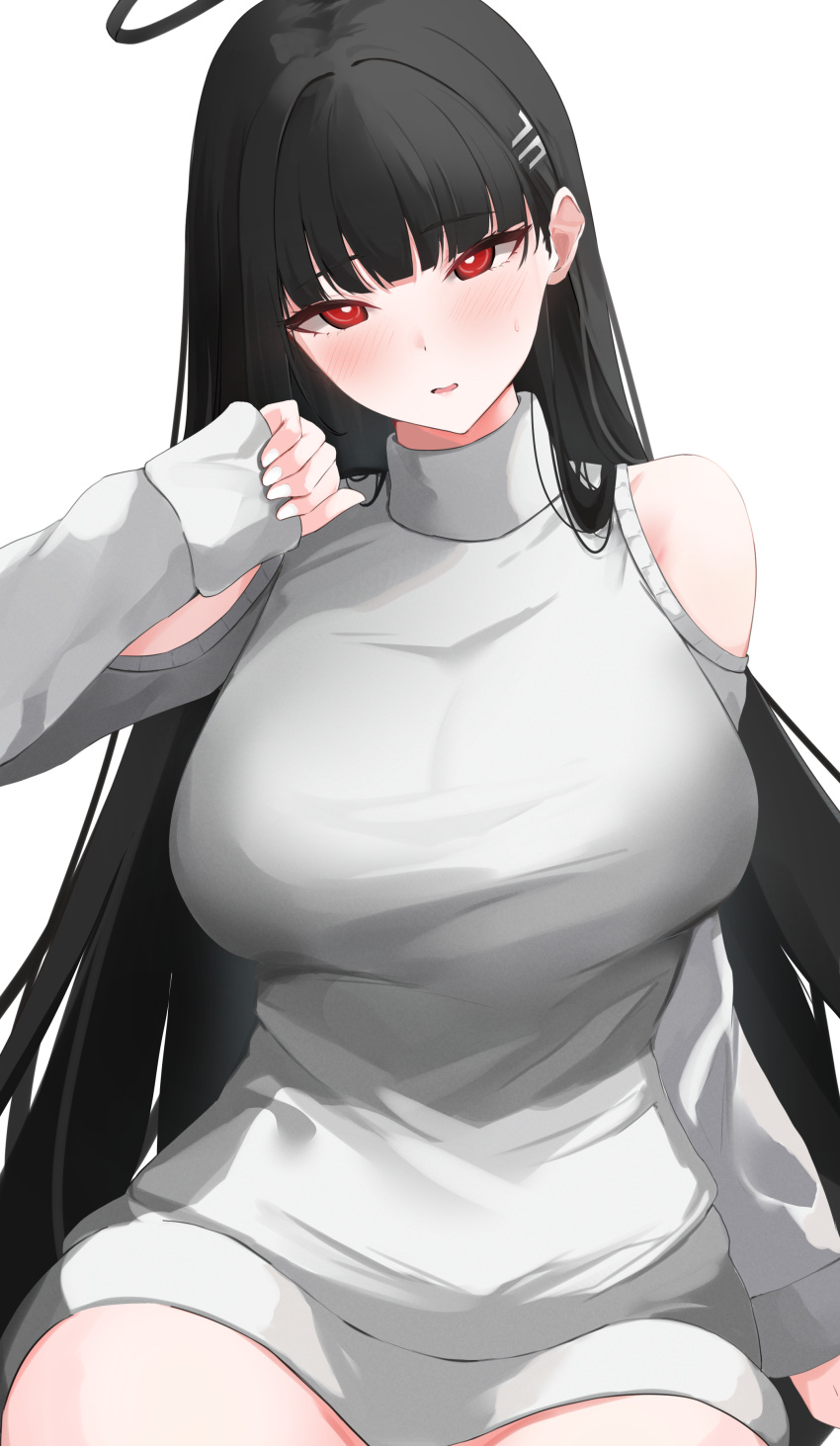 1girl absurdres bare_shoulders black_hair blue_archive breasts hair_ornament hairclip highres kunizaki large_breasts long_hair looking_at_viewer red_eyes rio_(blue_archive) sweater turtleneck turtleneck_sweater