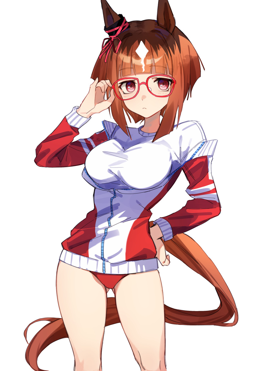 1girl absurdres adjusting_eyewear animal_ears ass_visible_through_thighs breasts brown_hair buruma closed_mouth commentary_request cowboy_shot ear_ornament highres horse_ears horse_girl horse_tail jacket jenshenya long_sleeves medium_breasts multicolored_hair open_clothes open_jacket partially_unzipped red-framed_eyewear red_buruma red_eyes shirt short_hair simple_background solo streaked_hair tail track_jacket transcend_(umamusume) umamusume white_background white_hair white_shirt