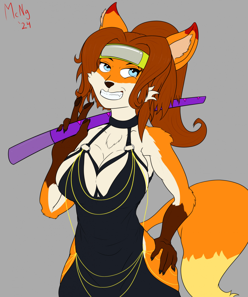 accessory anthro asami_(atfs) asami_the_furry_samurai blue_eyes canid canine clothing female fox gesture hair hand_gesture hand_on_hip headband headgear hi_res hollow_hip_dress katana looking_at_viewer mammal mcnuggetronis_(artist) melee_weapon meme meme_clothing ponytail smile solo sword v_sign weapon