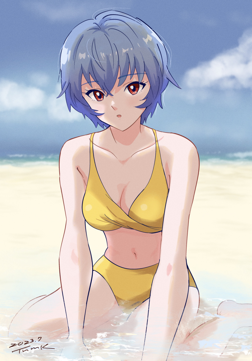 1girl 2023 absurdres ayanami_rei bare_arms bare_legs barefoot beach bikini blue_hair bob_cut breasts cleavage collarbone day hair_between_eyes highres looking_at_viewer medium_breasts navel neon_genesis_evangelion open_mouth outdoors red_eyes short_hair sitting solo straight_hair swimsuit tsunemoku wariza yellow_bikini