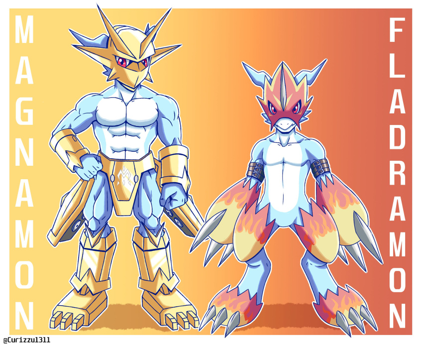 abs anthro armor athletic athletic_anthro athletic_male bandai_namco blue_body curizzu_1311 digimon digimon_(species) duo evolutionary_family featureless_crotch flamedramon hi_res magnamon male muscular muscular_anthro muscular_male pecs red_eyes scalie