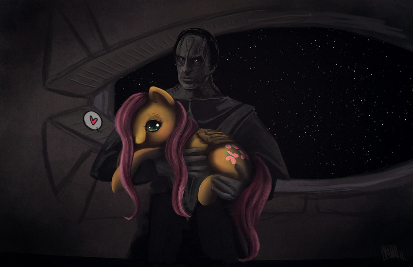 &hearts; alien armor black_eyes blue_eyes cardassian carrying cosmicunicorn crossover cutie_mark deep_space_9 equine female feral fluttershy_(mlp) friendship_is_magic fur green_eyes gul_dukat hair hasbro holding horse iram male mammal my_little_pony outer_space pegasus pink_hair pony space space_station star_trek star_trek_deep_space_9 stars wings yellow_body yellow_fur