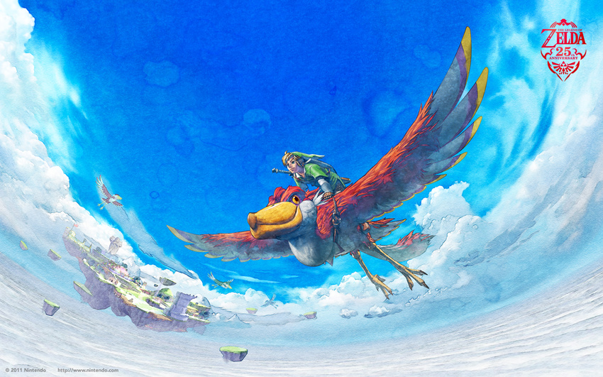 2011 bird cloud day floating_island flying harness horizon link male_focus non-web_source official_art riding shield sky solo sword the_legend_of_zelda the_legend_of_zelda:_skyward_sword wallpaper weapon