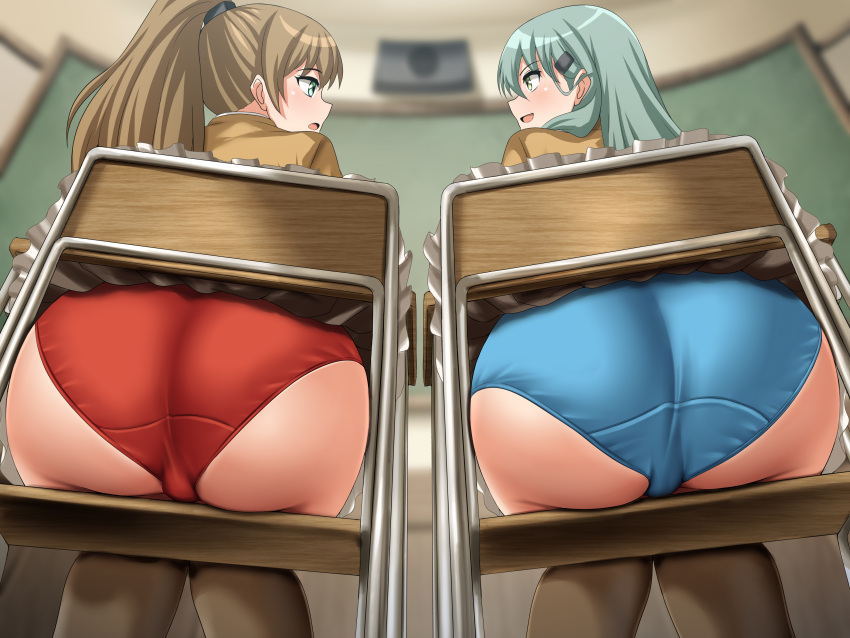 2girls absurdres ass blue_panties brown_hair brown_skirt brown_thighhighs chair classroom frilled_skirt frills from_behind green_eyes green_hair hair_ornament hairclip highres indoors kantai_collection kumano_(kancolle) kumano_kai_ni_(kancolle) long_hair miniskirt multiple_girls panties ponytail red_panties school_chair school_uniform sitting skirt suzuya_(kancolle) suzuya_kai_ni_(kancolle) thighhighs underwear variant_set zanntetu