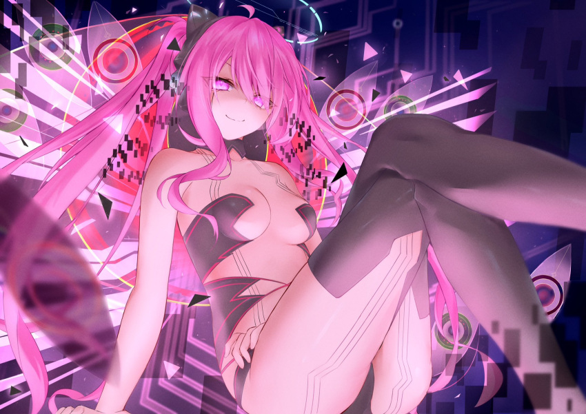 1girl animal_ear_headphones animal_ears bare_shoulders bikini black_bikini black_collar black_headphones black_panties breasts cat_ear_headphones collar crossed_legs detached_collar evil_eye_(sound_voltex) fake_animal_ears grace_(sound_voltex) halo headphones highres kowaku long_hair midriff navel panties pink_eyes pink_hair revealing_clothes smile solo sound_voltex stomach strapless strapless_bikini swimsuit thighhighs thighs twintails underwear