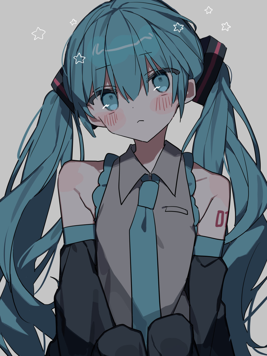 1girl :&lt; absurdres ameno_(motiizamurai) bare_shoulders black_sleeves blue_eyes blue_hair blue_necktie blush collared_shirt detached_sleeves frilled_shirt frills grey_shirt hatsune_miku head_tilt highres long_hair looking_at_viewer necktie number_tattoo shirt sidelocks sleeveless sleeveless_shirt solo tattoo twintails upper_body vocaloid