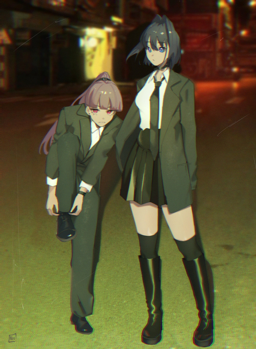 2girls absurdres adjusting_clothes adjusting_legwear alternate_costume black_footwear black_necktie black_suit blue_hair blunt_bangs commentary english_commentary hair_intakes highres hololive hololive_english long_hair looking_at_viewer mori_calliope multiple_girls necktie o22no ouro_kronii photo-referenced pink_hair pleated_skirt ponytail shirt short_hair skirt suit virtual_youtuber white_shirt