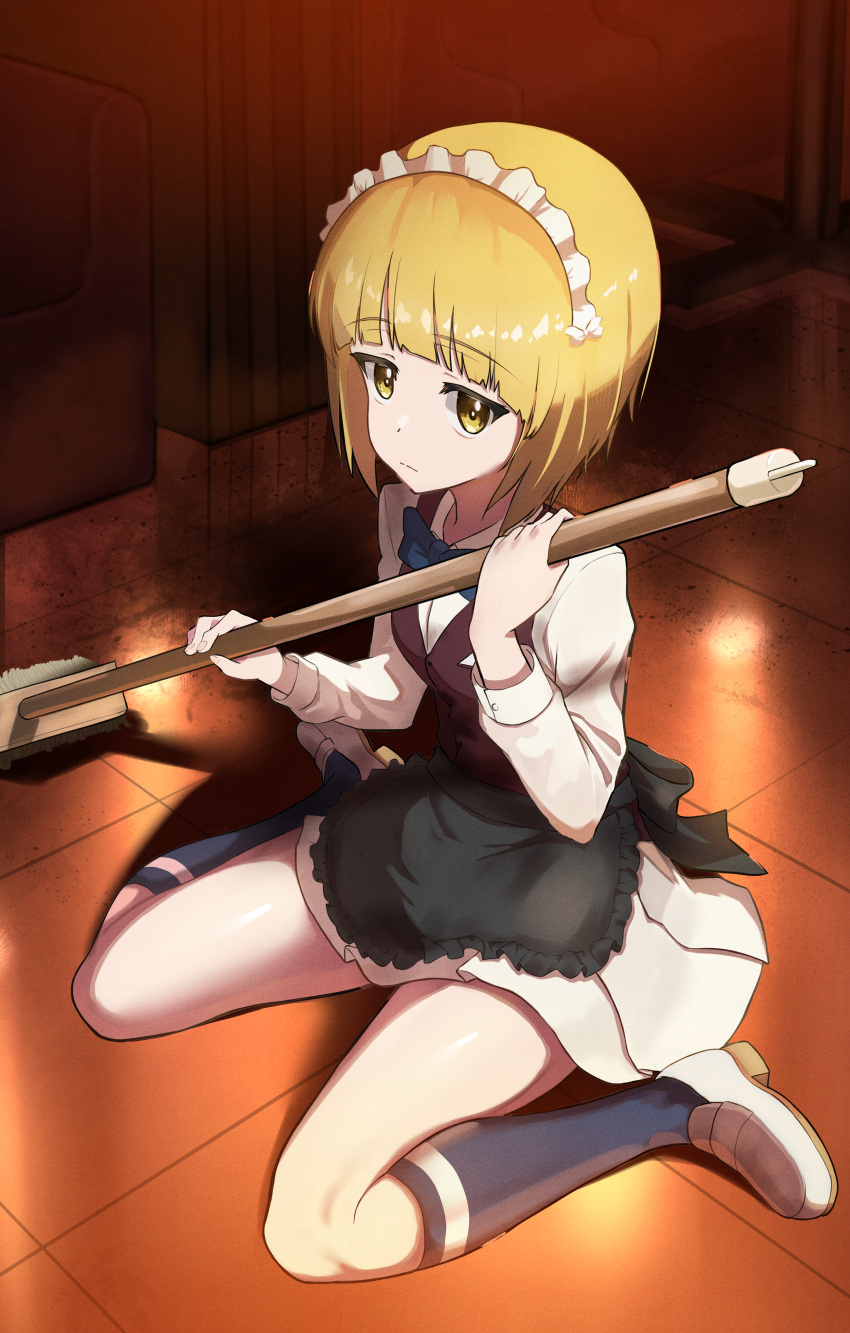 1girl absurdres apron bartender black_apron black_bow black_bowtie blonde_hair blue_socks blunt_bangs bob_cut bow bowtie broom brown_vest closed_mouth cutlass_(girls_und_panzer) dress_shirt frilled_apron frills girls_und_panzer handkerchief highres holding holding_broom indoors kneehighs lazurite_(user_8870367) light_frown loafers long_sleeves looking_at_viewer maid_headdress miniskirt on_floor ooarai_naval_school_uniform pleated_skirt school_uniform shirt shoes short_hair single_horizontal_stripe sitting skirt socks solo vest waist_apron wariza white_footwear white_shirt white_skirt wing_collar yellow_eyes