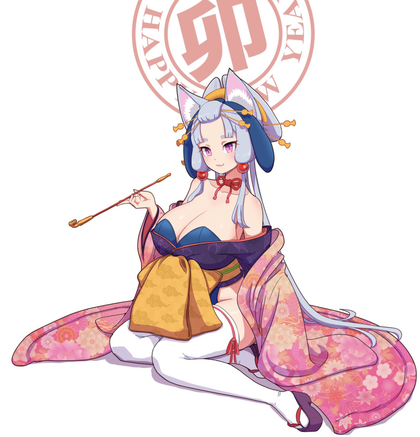1girl :3 animal_ears bangs_pinned_back breasts chinese_zodiac cleavage closed_mouth collarbone commentary_request fake_animal_ears fox_ears full_body furisode hair_ornament hair_stick hand_up haori happy_new_year highres holding holding_smoking_pipe huge_breasts japanese_clothes kimono kimutomo_2 kiseru looking_at_viewer lop_rabbit_ears neck_ribbon nihongami oiran okobo pink_eyes playboy_bunny purple_kimono rabbit_ears red_ribbon ribbon sandals short_kimono simple_background sitting slit_pupils smile smoking_pipe solo thighhighs touhoku_itako voiceroid wa_bunny white_background white_thighhighs wide_sleeves year_of_the_rabbit yokozuwari