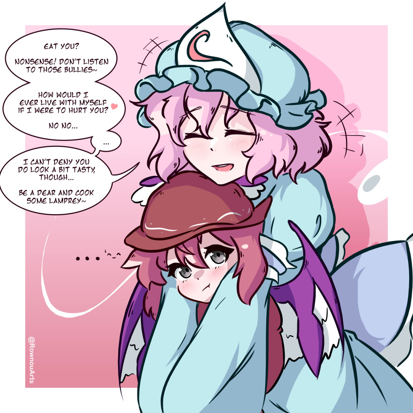 2girls absurdres blue_kimono closed_eyes commentary english_commentary grey_eyes hat highres japanese_clothes kimono mob_cap multiple_girls mystia_lorelei pink_background pink_hair rownou saigyouji_yuyuko short_hair touhou triangular_headpiece twitter_username wings