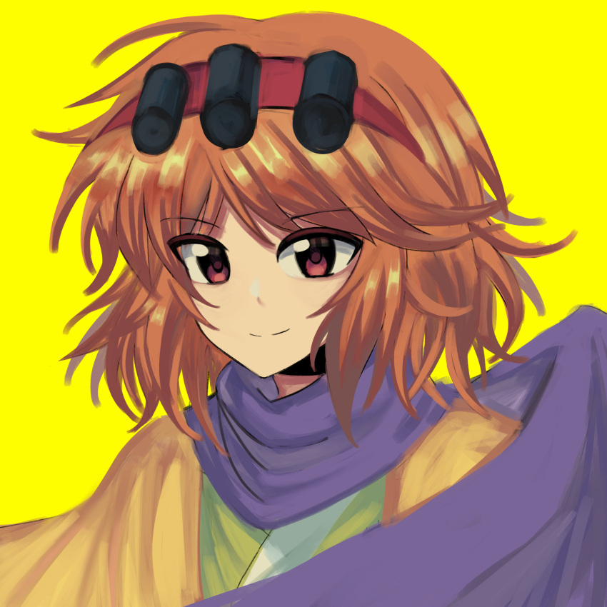 1other absurdres closed_mouth commentary green_kimono guhai2023 hair_rollers hairband highres japanese_clothes kimono len'en looking_at_viewer orange_hair orange_sleeves purple_scarf red_eyes red_hairband scarf short_hair simple_background smile solo symbol-only_commentary upper_body yellow_background zuifeng_tenkai