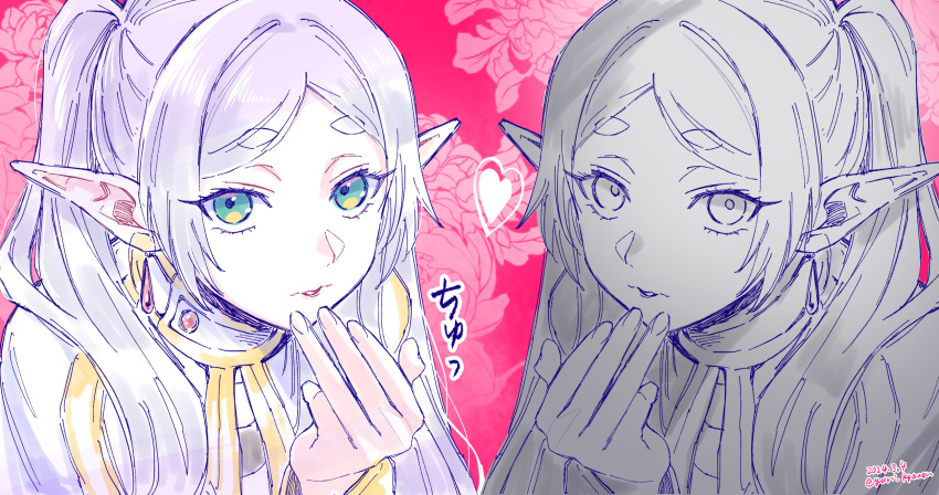 2girls blowing_kiss capelet colored_skin commentary_request earrings elf frieren frieren_blowing_a_kiss_(meme) green_eyes grey_skin heart highres jewelry long_hair looking_at_viewer meme multiple_girls parted_lips pink_background pointy_ears sousou_no_frieren spiegel_replica twintails upper_body white_capelet white_hair yuri_kyanon