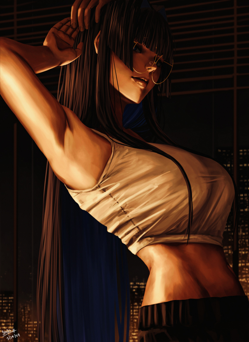1girl alternate_costume apartment armpits arms_behind_head black_hair blue_hair breasts building colored_inner_hair glasses highres holocouncil hololive hololive_english large_breasts lips long_hair midriff multicolored_hair night night_sky ouro_kronii round_eyewear sky steb very_long_hair virtual_youtuber window