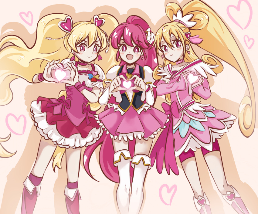 3girls aida_mana aino_megumi armband back_cutout black_vest blonde_hair boots bow bowtie brooch choker closed_mouth clothing_cutout clover_brooch collar collared_vest commentary cross-laced_clothes cross-laced_dress cure_heart cure_lovely cure_peace dokidoki!_precure dress dress_bow earrings eyelashes feet_out_of_frame fresh_precure! frilled_dress frilled_shirt frilled_sleeves frilled_vest frills hair_ornament happinesscharge_precure! heart heart-shaped_hair heart_brooch heart_earrings heart_hair_ornament heart_hands high_ponytail highres in-franchise_crossover jewelry knee_boots kneehighs lace-trimmed_skirt lace-trimmed_vest lace_trim light_blush long_hair looking_at_viewer magical_girl miniskirt momozono_love multiple_girls open_mouth pink_arm_warmers pink_bow pink_bowtie pink_bracelet pink_choker pink_collar pink_dress pink_eyes pink_footwear pink_hair pink_shorts pink_skirt pink_socks pink_theme pink_wrist_cuffs precure puffy_short_sleeves puffy_sleeves ribbon-trimmed_shirt shadow shirt short_sleeves shorts simple_background skirt smile socks square_neckline straight-on strapless strapless_dress symbol-only_commentary tassel tassel_hair_ornament thigh_boots twintails v-shaped_eyebrows very_long_hair vest white_armband white_footwear white_shirt white_sleeves white_veil wrist_bow wrist_cuffs xiao_gu_(xg112) yellow_background zettai_ryouiki