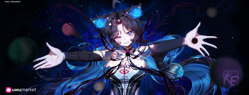 1girl absurdres ahoge animal_ears artist_logo black_choker black_hole black_leotard black_sleeves breasts cat_ears cat_girl choker detached_sleeves earth_(planet) eye_symbol fufu_(vtuber) highres indie_virtual_youtuber jewelry knightfang large_breasts leotard long_hair multicolored_leotard one_eye_closed planet purple_eyes red_nails ring smile solo sparkling_eyes star_(sky) twitter_username upper_body virtual_youtuber white_leotard