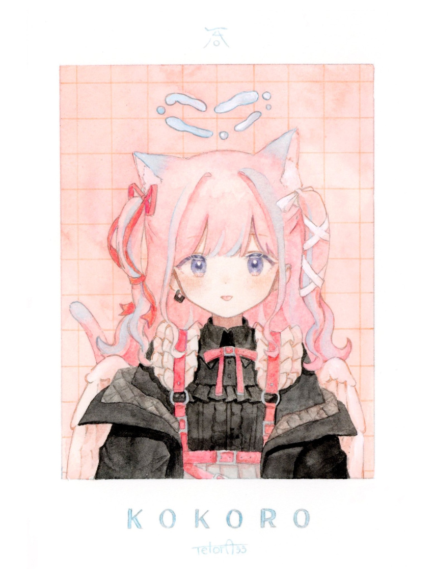 1girl :p angel_wings animal_ear_fluff animal_ears black_jacket black_shirt blue_hair bow cat_ears cat_girl cat_tail earrings frills hair_ribbon highres jacket jewelry long_hair looking_at_viewer multicolored_hair original painting_(medium) pink_background pink_hair purple_eyes red_ribbon ribbon romaji_text shirt solo straight-on tail tetora_u_u tongue tongue_out traditional_media two_side_up upper_body watercolor_(medium) white_ribbon white_wings wings