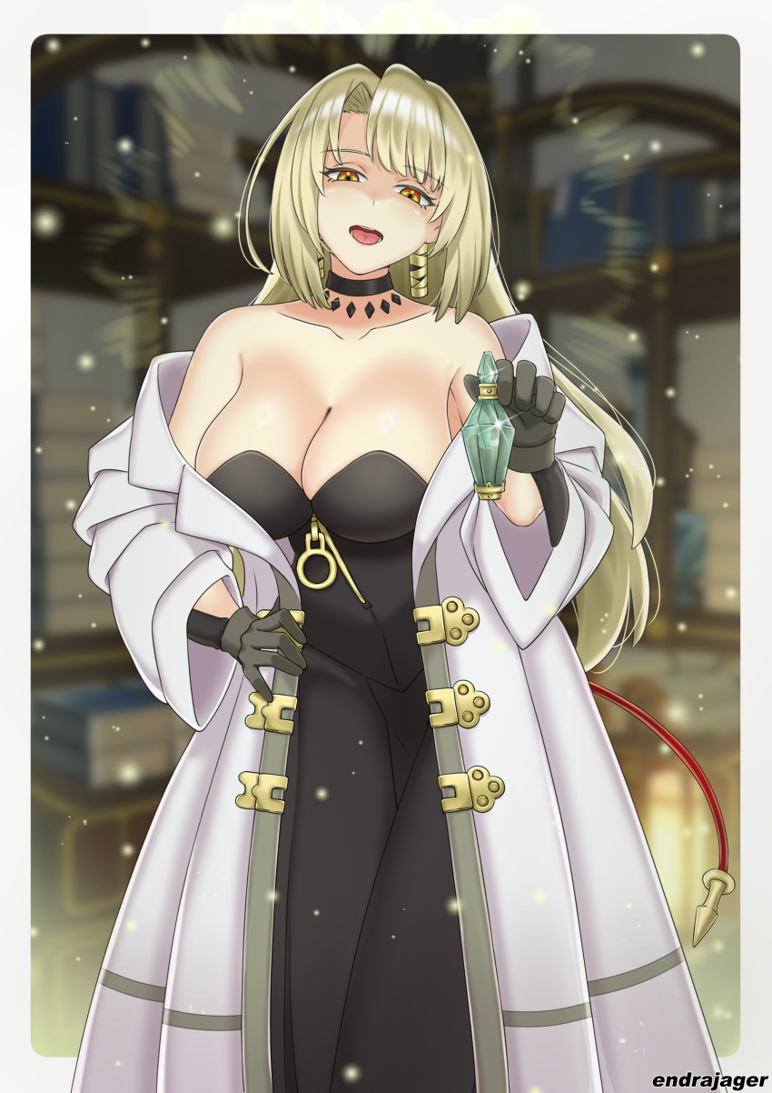 1girl absurdres black_choker black_dress black_gloves blonde_hair blurry bottle breasts choker cleavage coat dress endrajager03 eyebrows_hidden_by_hair gloves glowing highres holding holding_bottle large_breasts long_hair looking_at_viewer lorraine_vivie nozomanu_fushi_no_boukensha open_mouth potion signature smile solo sparkle strapless strapless_dress teeth very_long_hair white_coat yellow_eyes