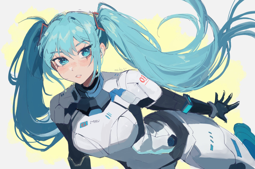 1girl armor artist_name black_bodysuit blue_eyes blue_hair blush bodysuit character_name english_commentary eyelashes hatsune_miku highres long_hair ms_tsukii number_print parted_lips power_armor print_armor sketch solo text_print vocaloid white_armor white_background yellow_background