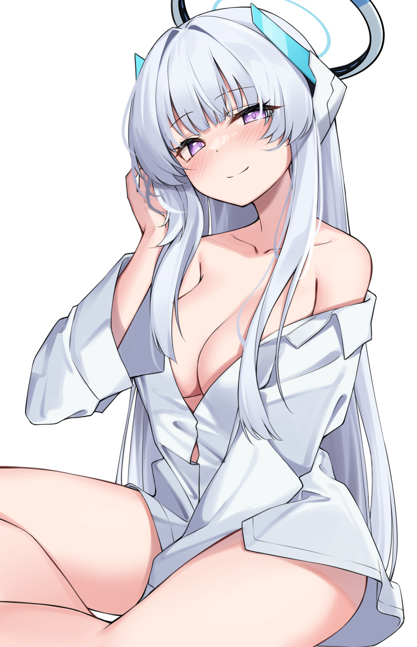 1girl absurdres blue_archive breasts grey_hair halo highres large_breasts looking_at_viewer naked_shirt noa_(blue_archive) shirt solo white_shirt ziro_(zirorong)