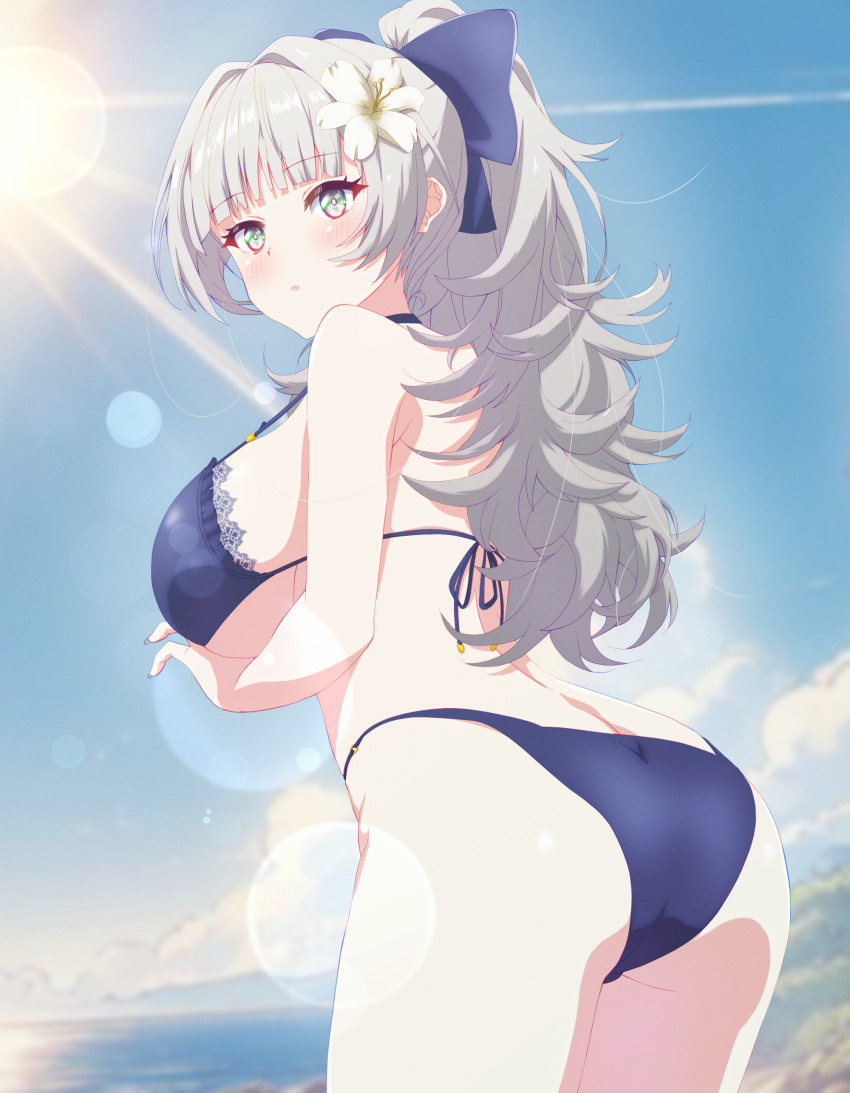 1girl absurdres arbiter1 ass azur_lane bikini blue_bikini bow breasts cowboy_shot day flower from_side grey_eyes grey_hair hair_bow hair_flower hair_ornament highres large_breasts long_hair official_alternate_costume outdoors purple_bow solo string_bikini sunlight swimsuit vittorio_veneto_(azur_lane) vittorio_veneto_(the_flower_of_la_spezia)_(azur_lane) white_flower