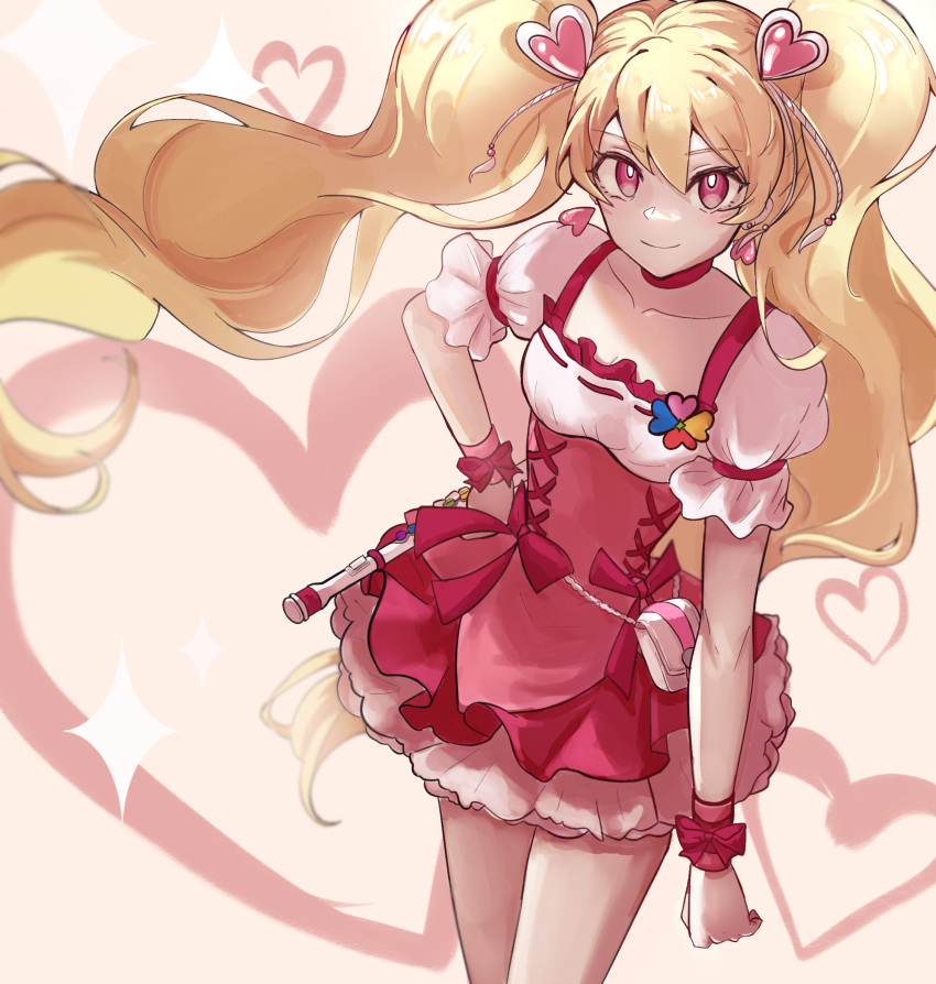 1girl blonde_hair bow brown_background chinese_commentary choker clenched_hand closed_mouth clover_brooch collarbone commentary_request cowboy_shot cross-laced_clothes cross-laced_dress cure_peace dress dress_bow earrings eyelashes fresh_precure! frilled_dress frilled_shirt frilled_sleeves frills hair_ornament hand_on_own_hip heart heart_background heart_earrings heart_hair_ornament highres holding holding_wand jewelry light_blush long_hair looking_at_viewer magical_girl momozono_love pink_bow pink_choker pink_dress pink_eyes pink_wrist_cuffs precure puffy_short_sleeves puffy_sleeves ribbon-trimmed_shirt shirt short_dress short_sleeves simple_background smile solo sparkle square_neckline strapless strapless_dress tassel tassel_hair_ornament thighs twintails very_long_hair wand white_bag white_shirt white_sleeves wrist_bow wrist_cuffs xiao_gu_(xg112)