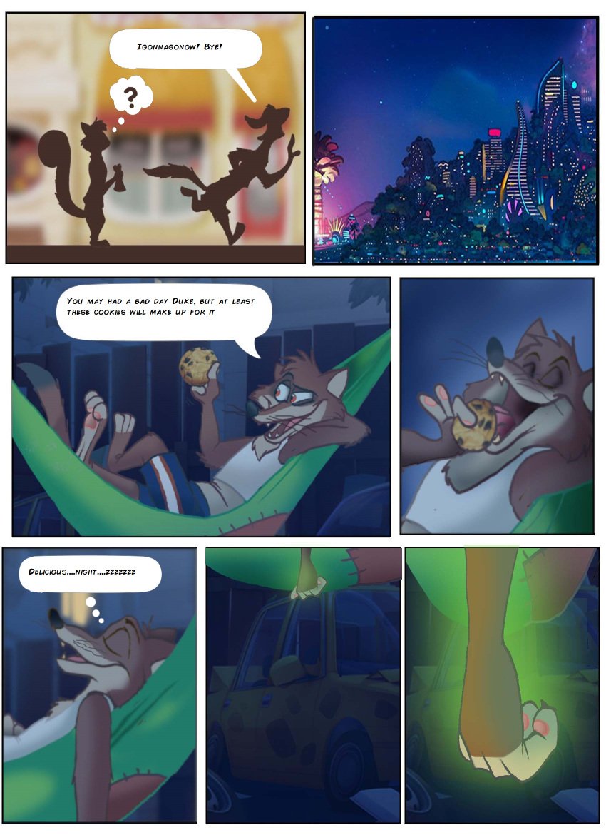 2024 4_fingers anthro bottomwear brown_body brown_fur cheek_tuft city city_background cityscape clothed clothing comic cookie detailed_background dialogue disney duke_weaselton eating eating_food english_text facial_tuft fairytalesartist fingers food fur glowing glowing_body hammock hi_res looking_at_object male mammal multicolored_body multicolored_fur multicolored_tail mustelid musteline night outside pivoted_ears red_eyes rodent sciurid shirt shorts smile solo solo_focus speech_bubble tail tank_top teeth text thought_bubble topwear tree_squirrel true_musteline tuft weasel zootopia