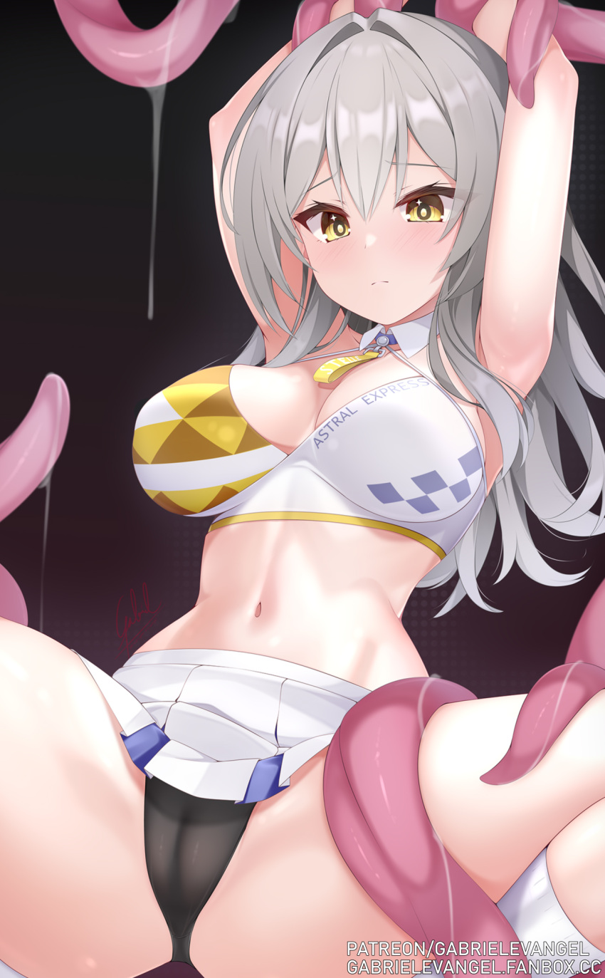 1girl armpits arms_up artist_name black_panties blue_archive blush breasts cameltoe cheerleader collar crop_top gabriel_evangel grey_hair hands_up highres honkai:_star_rail honkai_(series) large_breasts microskirt millennium_cheerleader_outfit_(blue_archive) navel panties pleated_skirt signature simple_background skirt socks spread_legs stelle_(honkai:_star_rail) tentacles trailblazer_(honkai:_star_rail) underwear white_socks yellow_eyes