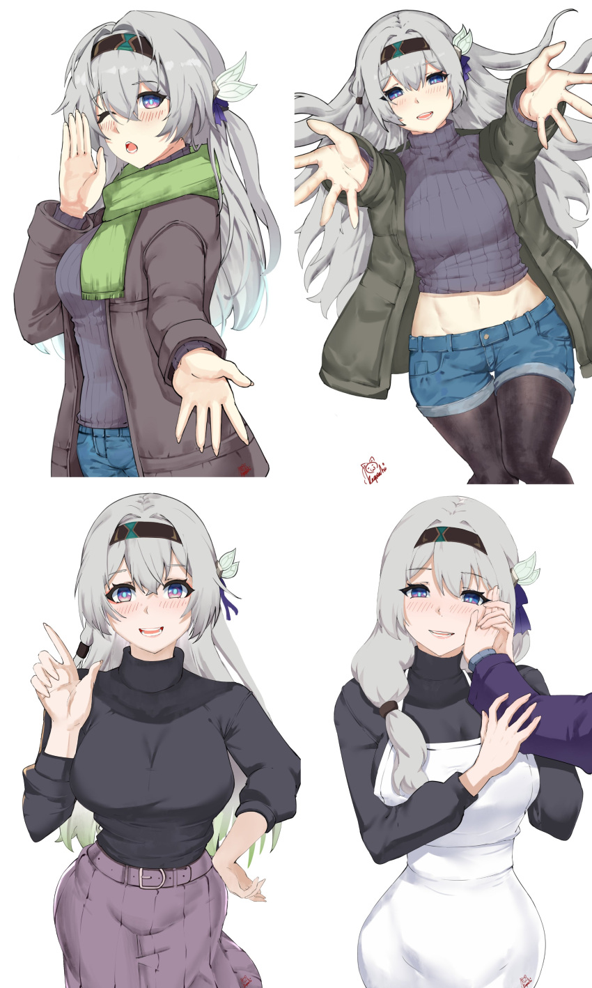 1girl :d absurdres alternate_costume apron black_coat black_hairband black_pantyhose blush breasts bright_pupils coat commentary cowboy_shot crop_top denim denim_shorts english_commentary english_text feet_out_of_frame firefly_(honkai:_star_rail) green_scarf grey_hair grey_jacket grey_sweater hair_intakes hairband hand_up highres honkai:_star_rail honkai_(series) jacket kagurachi long_hair long_sleeves looking_at_viewer lying medium_breasts midriff multiple_views navel on_back one_eye_closed open_clothes open_coat open_hand open_jacket open_mouth pantyhose pantyhose_under_shorts purple_eyes purple_skirt reaching reaching_towards_viewer ribbed_sweater scarf short_shorts shorts simple_background skirt smile speech_bubble standing sweater thighs turtleneck turtleneck_sweater upper_body very_long_hair white_apron white_background