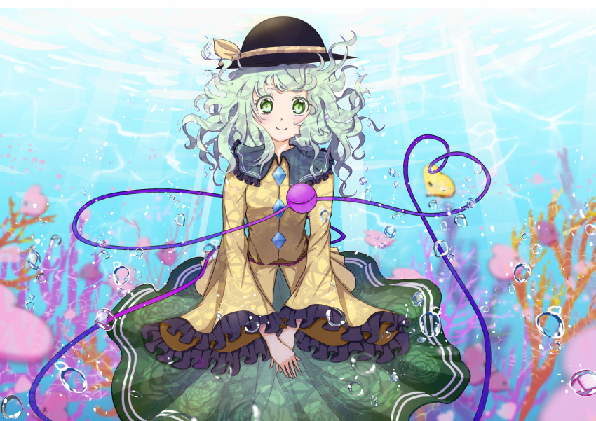 115770260 air_bubble bubble closed_mouth coral_reef crossover dress green_hair happy hat highres komeiji_koishi looking_at_viewer luvdisc multicolored_hair pokemon shirt smile streaked_hair touhou underwater wavy_hair yellow_shirt