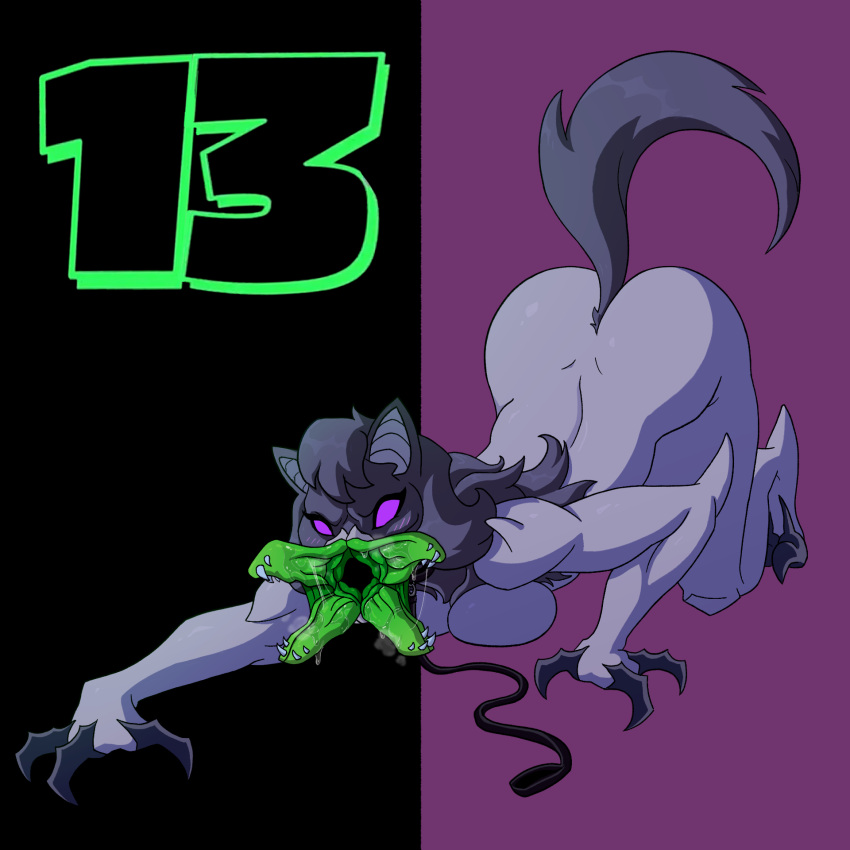 3_fingers alien all_fours anthro arm_spikes ass_up ben_10 big_butt black_background black_claws black_hair black_nose black_tail blitzwolfer blush breasts butt canid canine canis cartoon_network claw_fingers claws collar digitigrade elbow_spikes empty_eyes fangs female fingers fur green_mouth green_text grey_body grey_fur grey_inner_ear grey_muzzle hair hi_res leash loboan looking_at_viewer mammal nude nude_anthro nude_female open_mouth profannytea purple_background purple_eyes simple_background solo spikes spikes_(anatomy) split_jaw tail teeth text toe_claws wolf