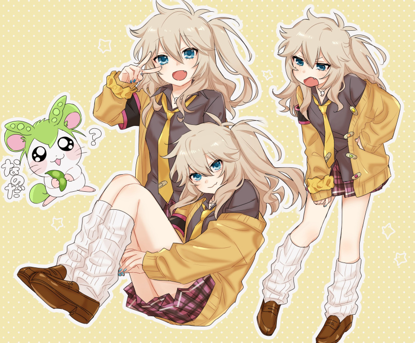 1girl :3 ? angry animalization armband black_armband blonde_hair blue_eyes blush brown_footwear brown_hair brown_shirt cardigan closed_mouth collared_shirt edamame fang food glaring green_hair gyaru hamster hamtaro_(series) hand_on_own_hip highres holding holding_food hugging_own_legs jewelry kasukabe_tsumugi kawasaki_(5s5_g) kneehighs leaning_forward loafers long_hair looking_at_viewer looking_down loose_socks magatama magatama_necklace messy_hair mole mole_under_eye multiple_views necklace necktie off_shoulder one_side_up open_mouth outline plaid plaid_skirt pleated_skirt polka_dot polka_dot_background purple_skirt ribbed_socks scrunchie shirt shoes skin_fang skirt smile socks solo translation_request v-shaped_eyebrows v_over_eye voicevox white_outline wrist_scrunchie yellow_background yellow_cardigan yellow_necktie zundamon