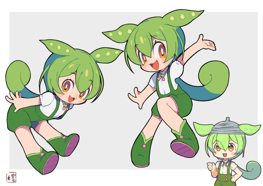 1girl :3 :d animal_ears arm_up blouse boots border bright_pupils chibi green_footwear green_hair green_shorts high-waist_shorts leaning_forward light_blue_background looking_at_viewer miyata_(lhr) open_mouth orange_eyes outside_border shirt short_sleeves shorts simple_background smile solo suspender_shorts suspenders tail voiceroid white_border white_pupils white_shirt zundamon