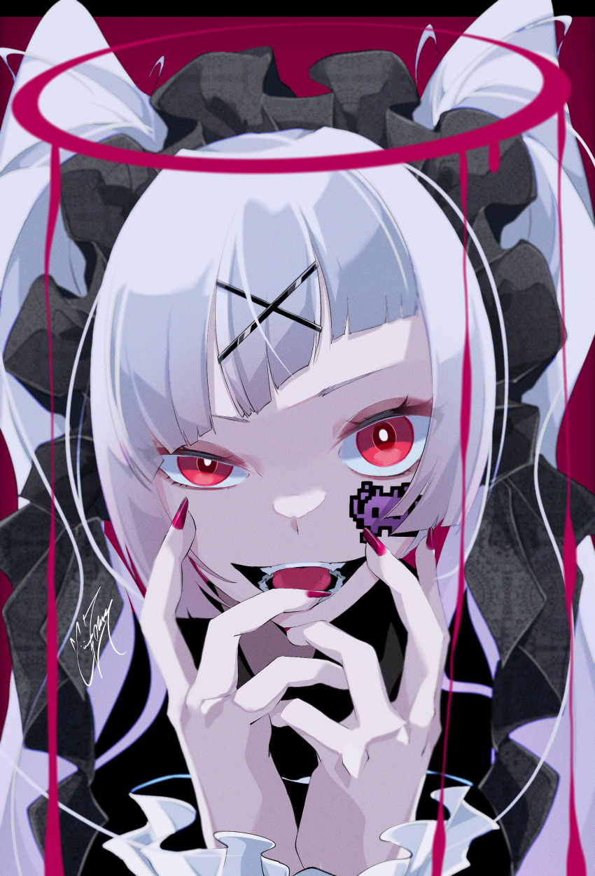 1girl absurdres fingernails goma_irasuto goth_fashion gothic_lolita highres lolita_fashion long_hair looking_at_viewer nail_polish original red_eyes signature solo space_invaders sticker tongue tongue_out twintails white_hair