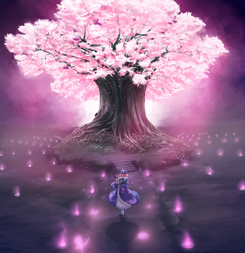 bug butterfly candle cherry_blossoms fan folding_fan ghost hat highres insect japanese_clothes night petals pink_hair red_eyes saigyou_ayakashi saigyouji_yuyuko scenery shadow shoes short_hair skull solo standing suehan touhou tree triangular_headpiece white_legwear