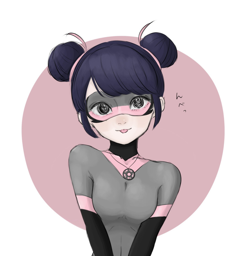 1girl blue_eyes blue_hair bodysuit double_bun grey_bodysuit grey_mask hair_bun highres looking_at_viewer marinette_dupain-cheng mask miraculous_ladybug multimouse_(character) simple_background smile solo superhero_costume tongue tongue_out tutuzi_ladybug upper_body