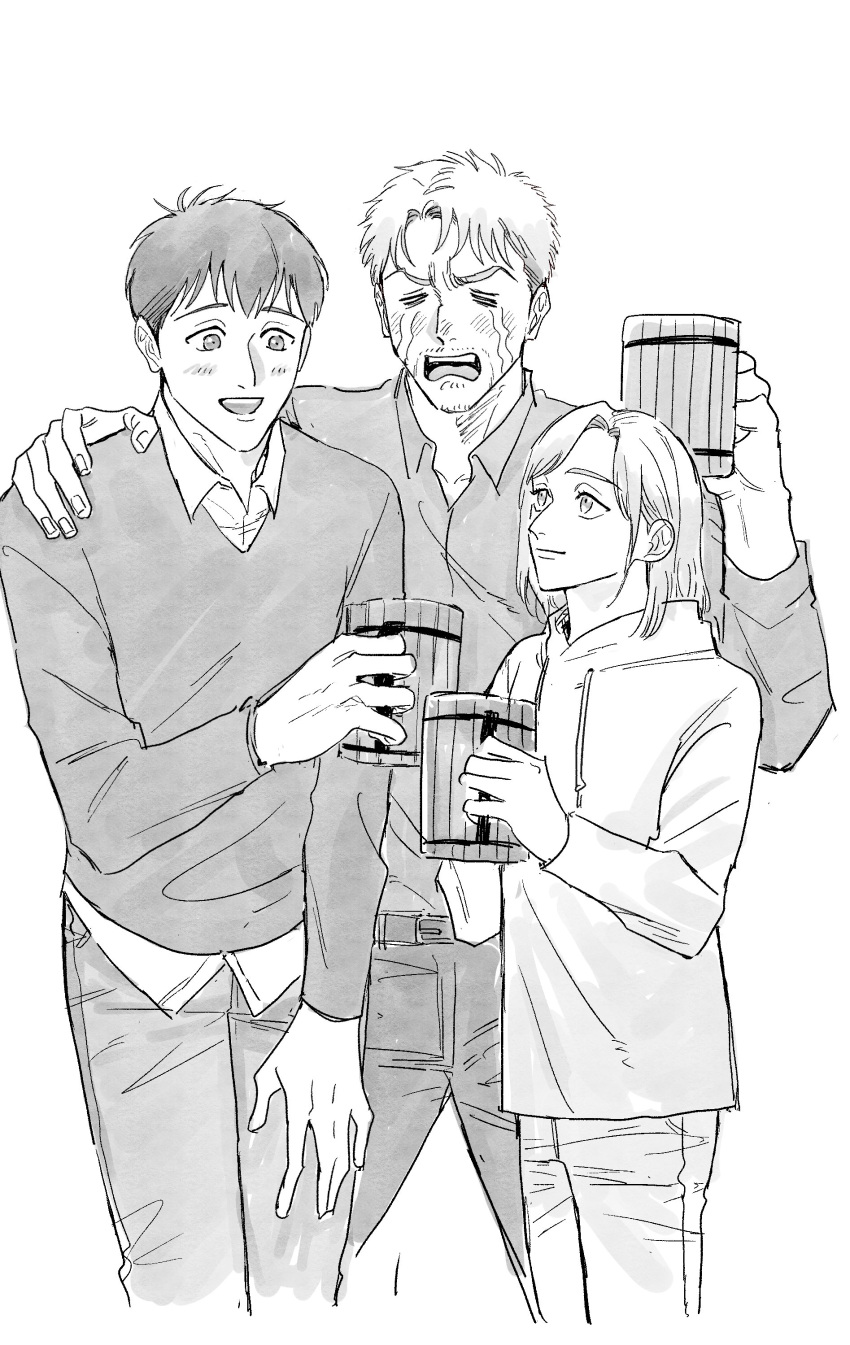 1girl 2boys absurdres alcohol annie_leonhart beer beer_mug blush celebration cropped_legs crying cup drinking_glass greyscale happy highres holding holding_cup layered_shirt monochrome mug multiple_boys pants shingeki_no_kyojin short_hair smile standing streaming_tears tears toasting_(gesture) yyu078