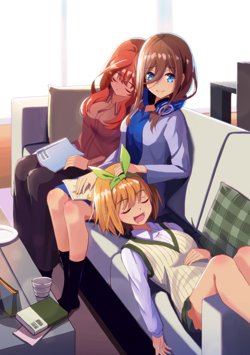 3girls :d absurdres black_socks blue_eyes blue_shirt blush book brown_hair casual closed_eyes closed_mouth collared_shirt commentary couch drooling feet_out_of_frame go-toubun_no_hanayome green_ribbon hair_between_eyes hair_ornament hair_over_one_eye hair_ribbon hand_on_another's_shoulder head_rest headpat headphones headphones_around_neck highres indoors kneehighs knees_up lap_pillow long_hair long_sleeves looking_at_another lying medium_hair mouth_drool multiple_girls nakano_itsuki nakano_miku nakano_yotsuba on_back on_couch open_book open_mouth orange_hair red_hair ribbed_sweater ribbon shirt siblings sidelocks sisters sitting sleeping sleeveless sleeveless_sweater smile socks star_(symbol) star_hair_ornament sweater triplets white_shirt yasuba_yuichi