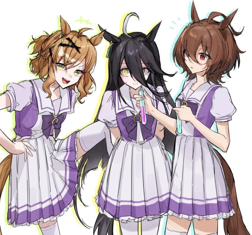 +++ 3girls agnes_tachyon_(umamusume) ahoge animal_ears arms_behind_back black_hair bow bowtie breasts brown_hair closed_mouth drop_shadow feet_out_of_frame gul_(parfaitgul) hair_ornament hand_on_own_hip highres holding holding_test_tube horse_ears horse_girl horse_tail jam_(umamusume) jungle_pocket_(umamusume) leg_up long_hair looking_at_another looking_at_viewer manhattan_cafe_(umamusume) multiple_girls notched_ear open_mouth purple_shirt red_eyes sailor_collar school_uniform shirt short_hair short_sleeves simple_background skirt small_breasts smile standing sweatdrop tail test_tube thighhighs tracen_school_uniform umamusume white_background white_skirt white_thighhighs yellow_eyes