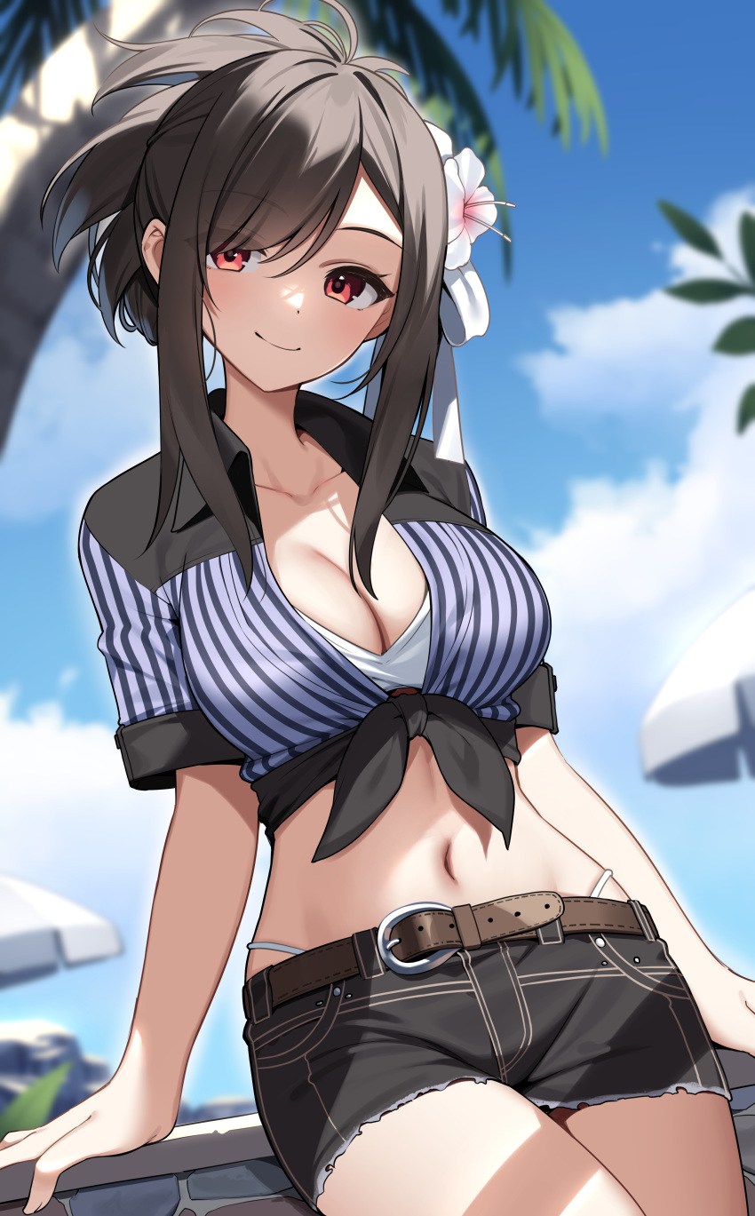 1girl absurdres blue_sky blush breasts brown_hair cleavage cloud collarbone day final_fantasy final_fantasy_vii final_fantasy_vii_rebirth final_fantasy_vii_remake highres large_breasts long_hair looking_at_viewer navel outdoors red_eyes sky smile solo suiroh_(shideoukami) thighs tifa_lockhart