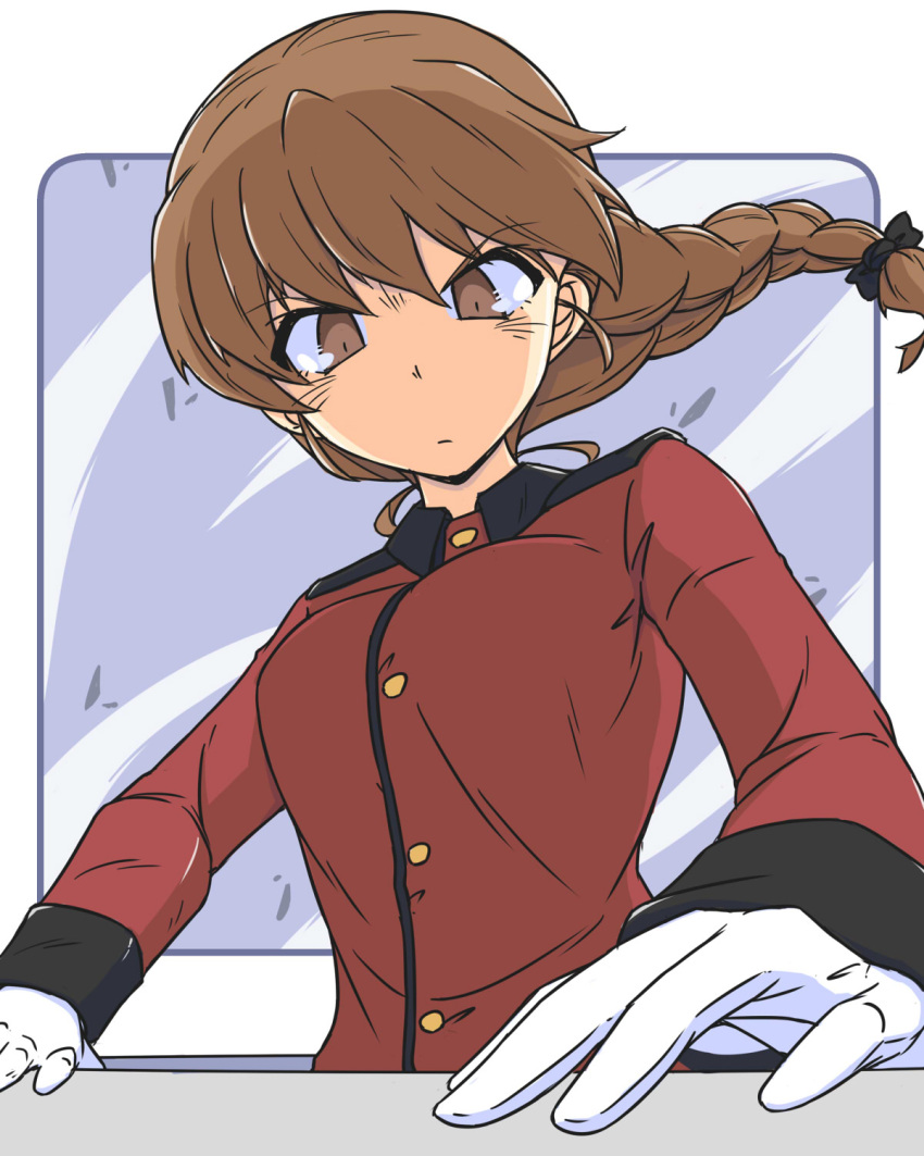 1girl black_ribbon braid braided_ponytail brown_eyes brown_hair closed_mouth commentary foreshortening frown girls_und_panzer gloves hair_ribbon highres jacket long_hair long_sleeves looking_at_viewer military_uniform outside_border red_jacket renshiu ribbon rounded_corners rukuriri_(girls_und_panzer) single_braid solo st._gloriana's_military_uniform uniform white_gloves wind